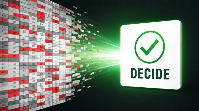 A chaotic spreadsheet transforming into a clean leadership decision brief with clear charts and next actions.