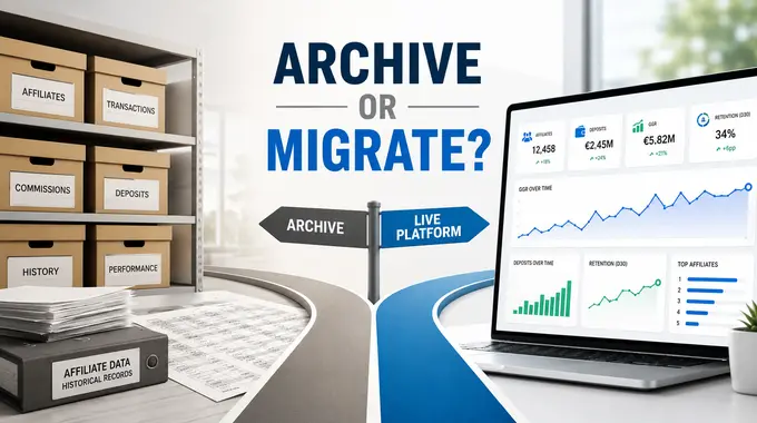 A business dashboard split between archived affiliate history and a live migration reporting view.