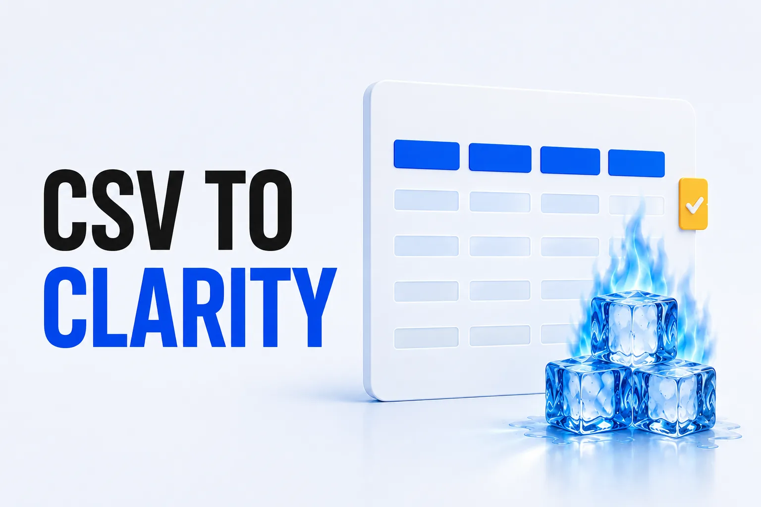 The words CSV to Clarity beside a blank field table with a checked approval marker and flaming ice cubes.