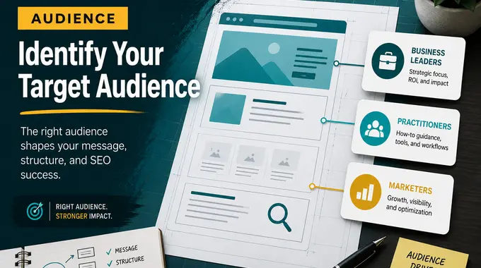 A website blueprint connected to audience profile cards, showing how the target audience shapes message, structure, and SEO.