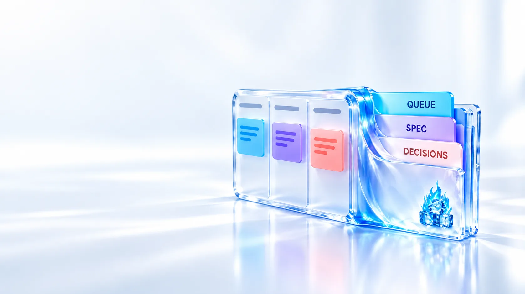 A glass board with three cards beside folder tabs labelled Queue, Spec and Decisions.