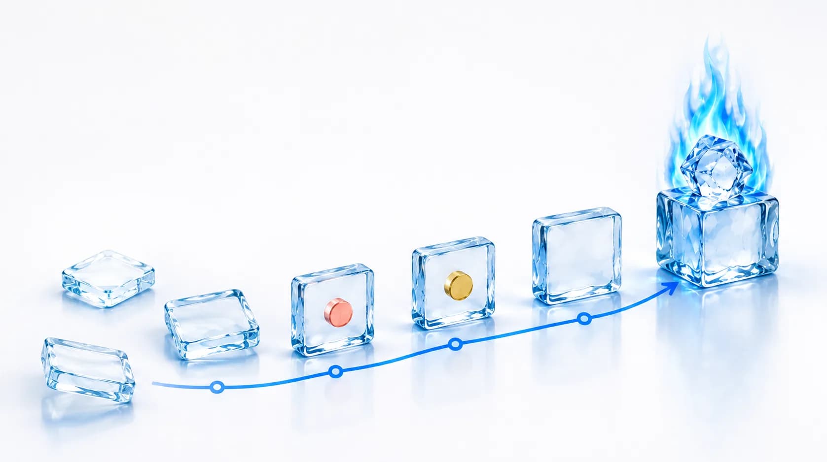 Six ice tiles rising left to right along a blue connector line, ending in a single cube lit by a blue flame.