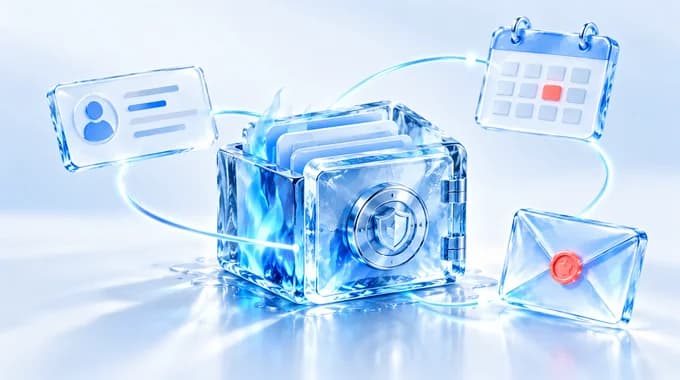 An ice-glass vault of files at the centre, linked to a contact card, a calendar and a sealed envelope.