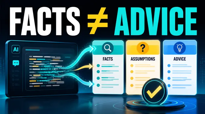 Three labeled AI answer cards separating facts, assumptions, and recommendations before a business decision.