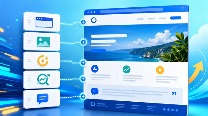 Reusable website skill blocks snapping into a finished website interface.