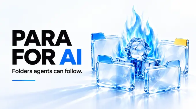 Headline 'PARA for AI: Folders agents can follow' beside four glass folders around ice cubes under a blue flame.