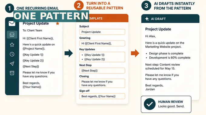 A recurring business email transformed into a clean reusable AI drafting pattern with a human review step.
