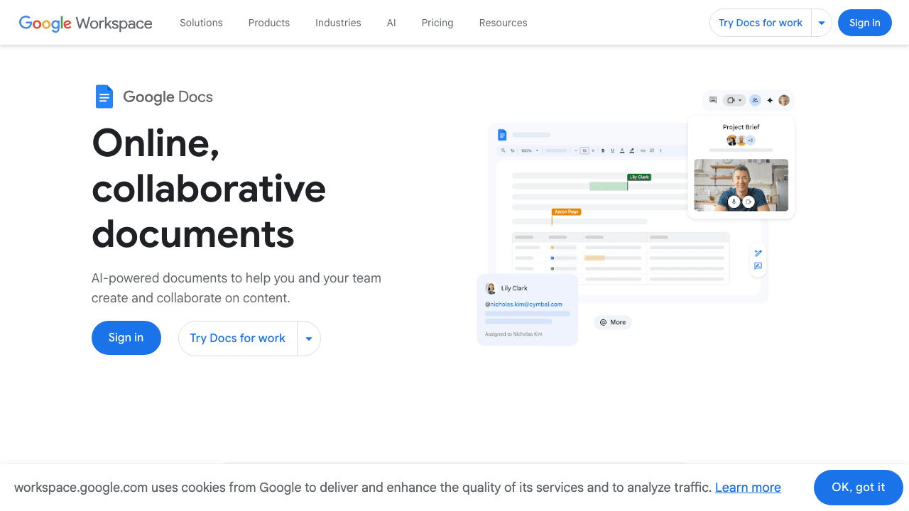 Google Docs public product page shown in a browser.