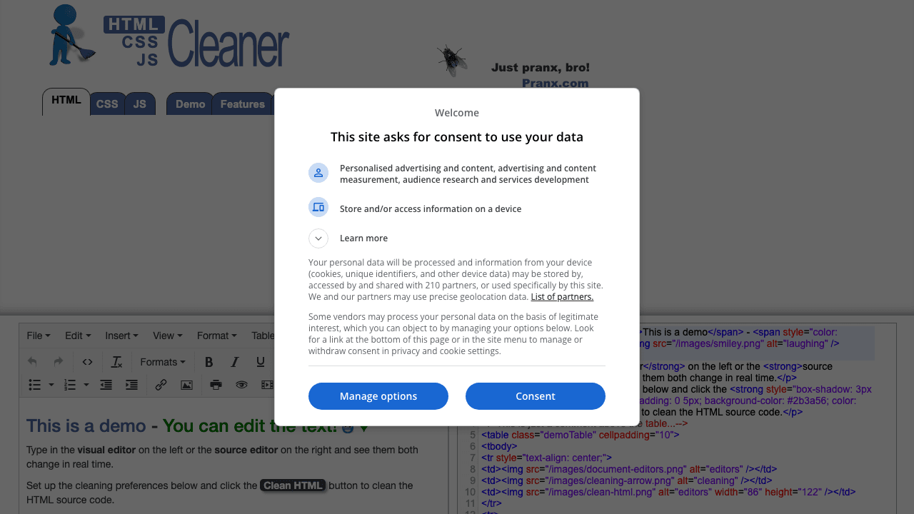 HTML Cleaner public converter page shown in a browser.