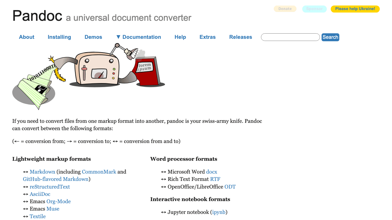 Pandoc public website shown in a browser.