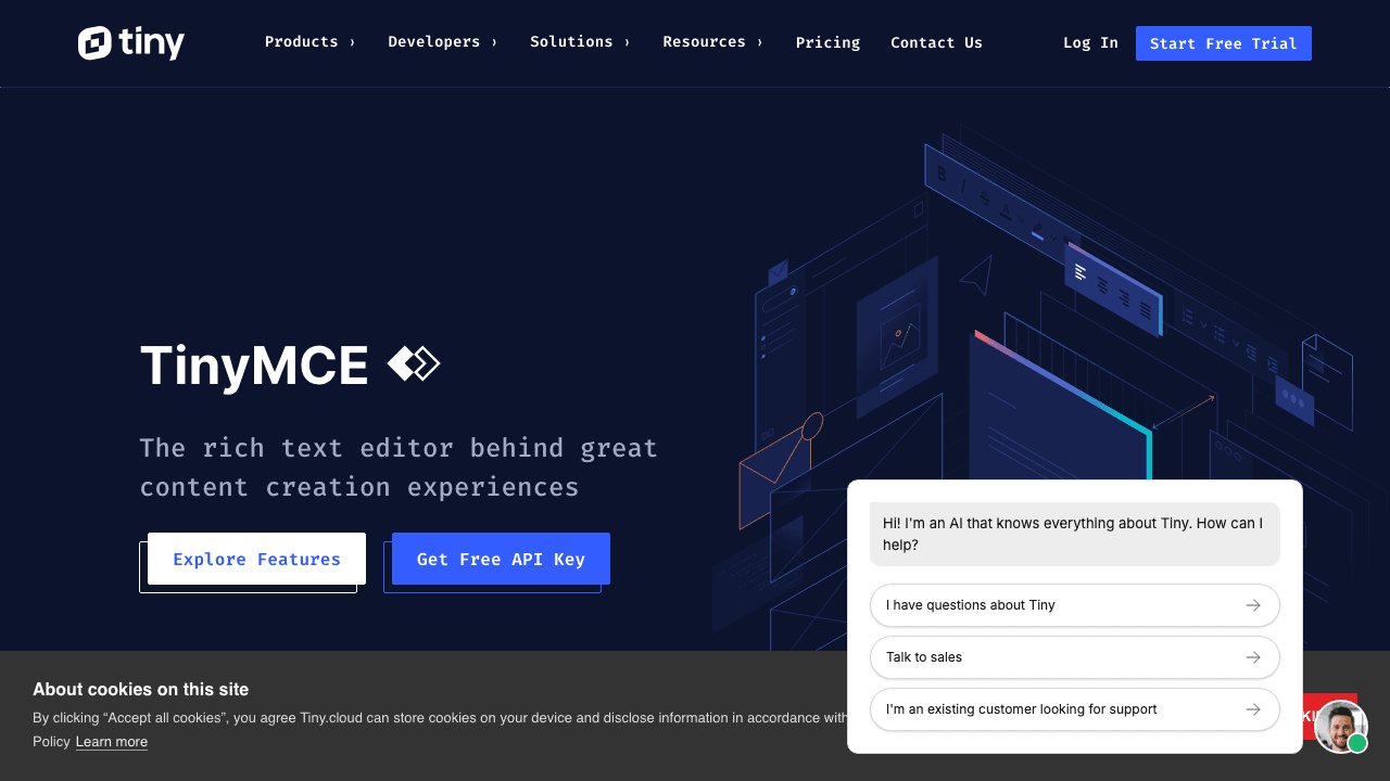 TinyMCE public website shown in a browser as a rich text editor example.