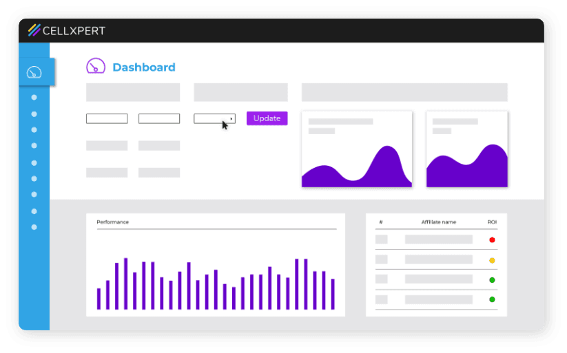 Cellxpert tracking and reporting product visual showing affiliate performance analytics.