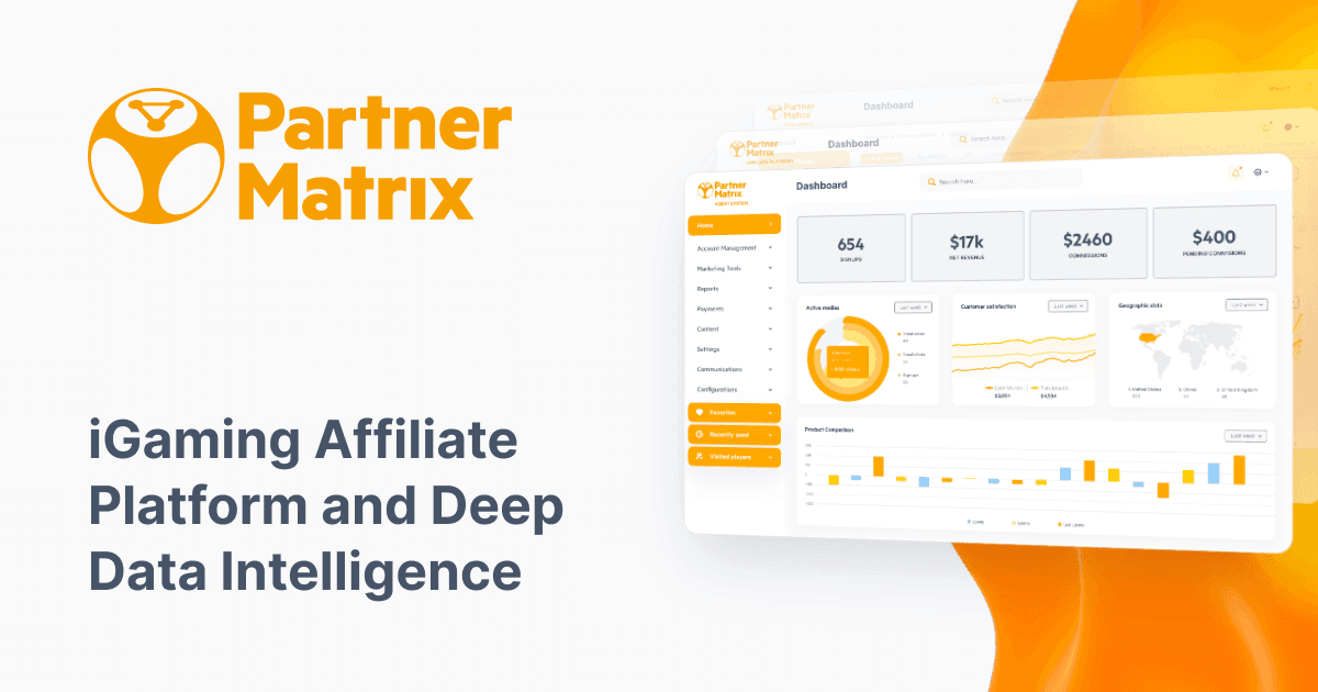 PartnerMatrix affiliate platform product visual with dashboard-style interface elements.