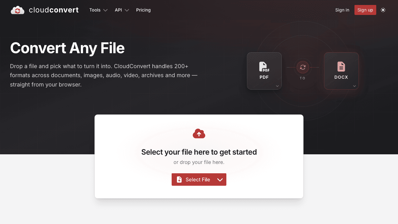 CloudConvert public file converter page shown in a browser.