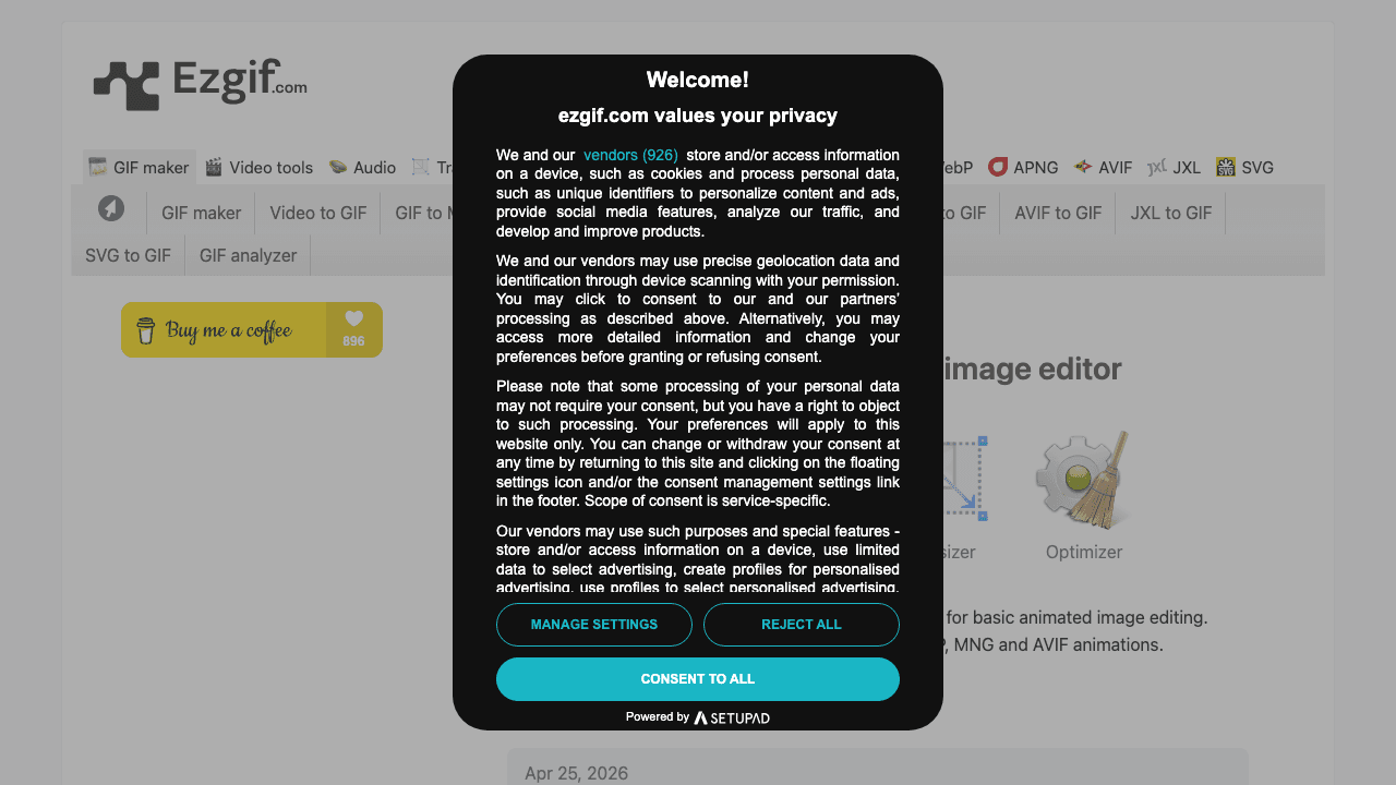 Ezgif public GIF and image tool page shown in a browser.