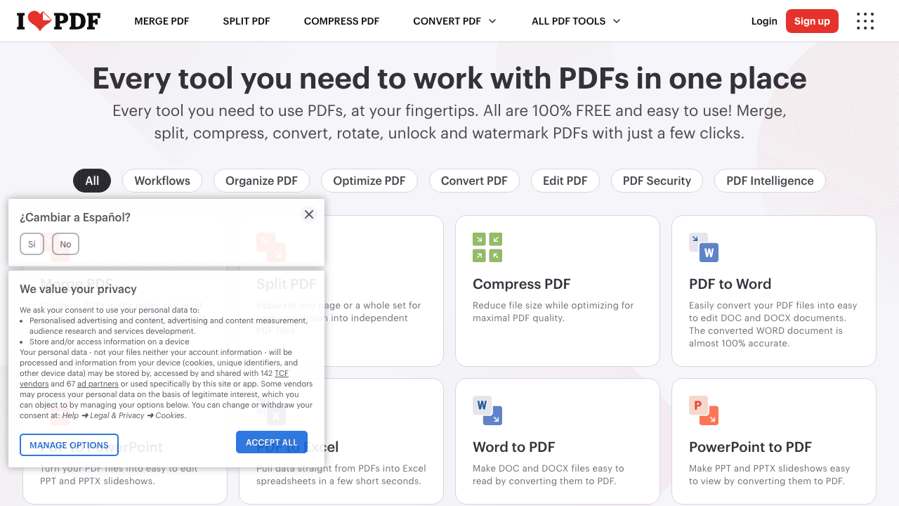 iLovePDF public PDF tools page shown in a browser.