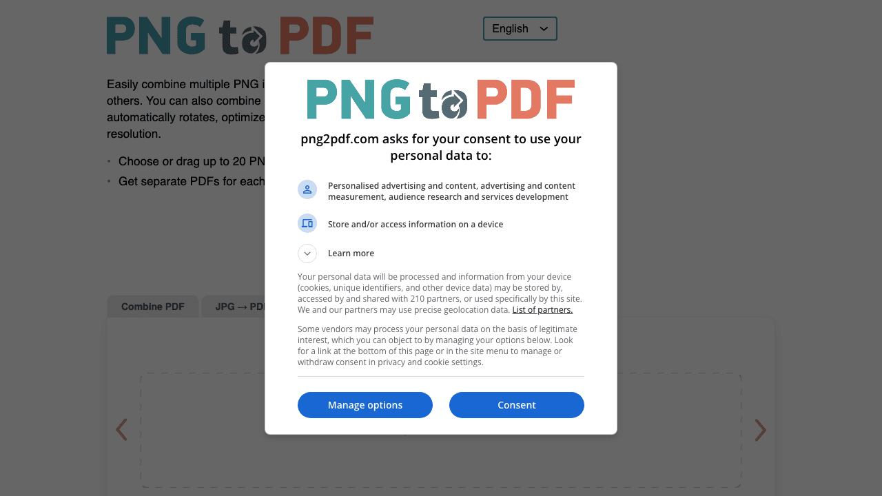 PNG2PDF public converter page shown in a browser.