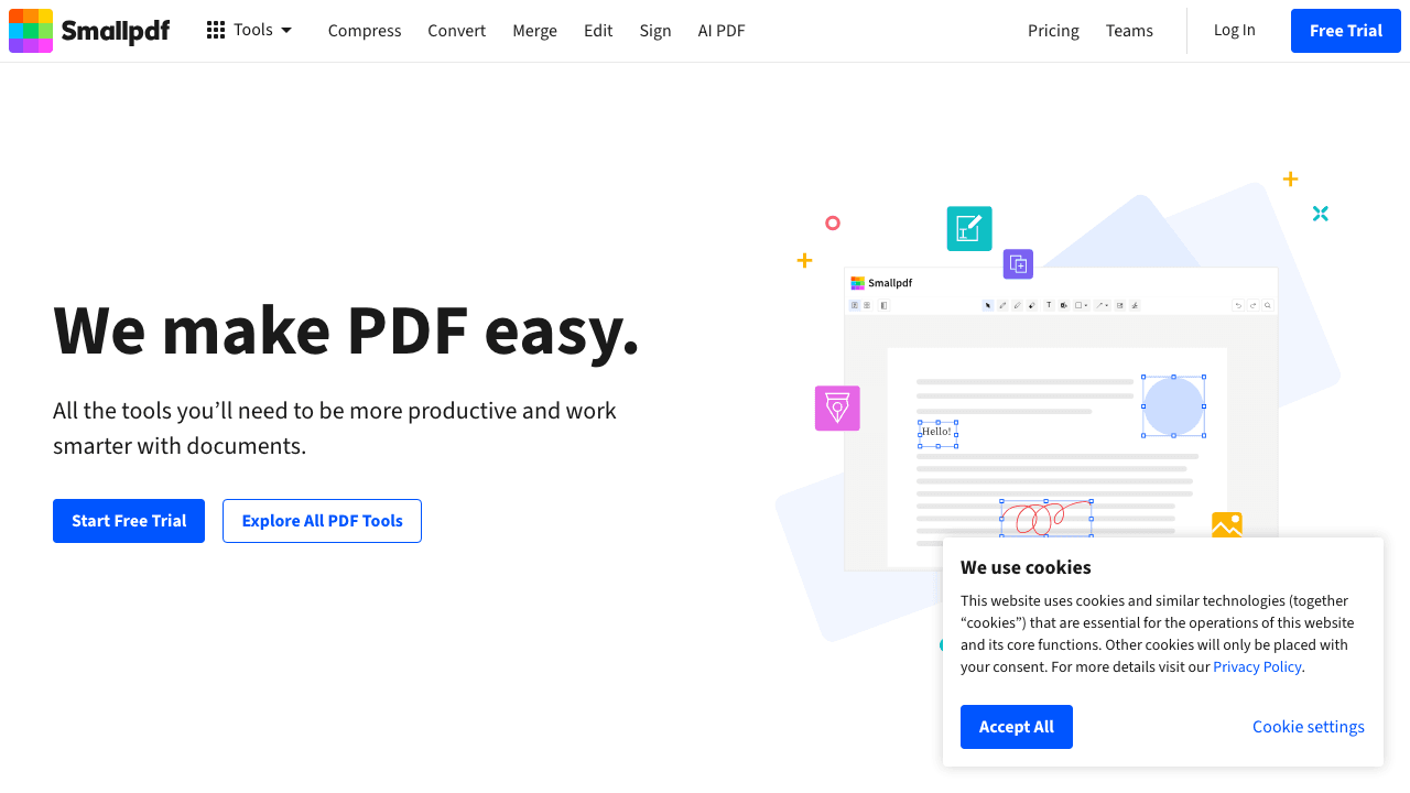 Smallpdf public PDF tools page shown in a browser.