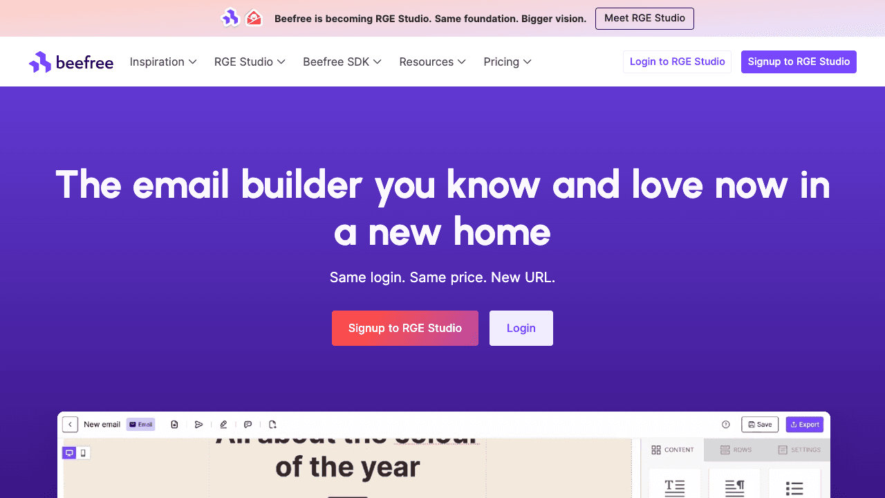 Beefree public email builder page shown in a browser.
