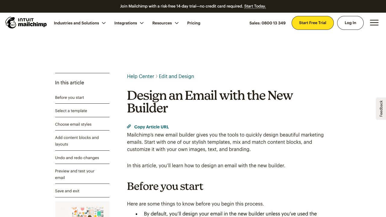 Mailchimp email builder help page shown in a browser.