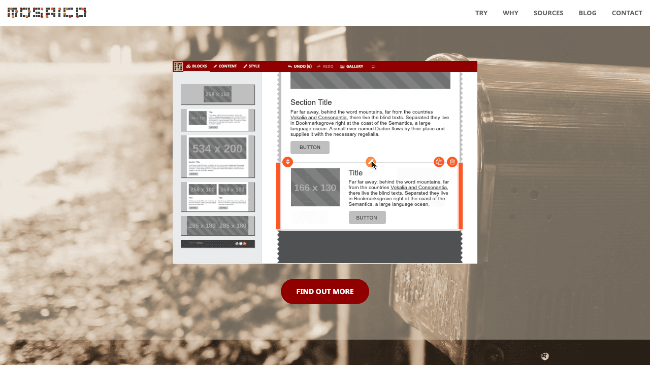Mosaico public open-source email template editor page shown in a browser.