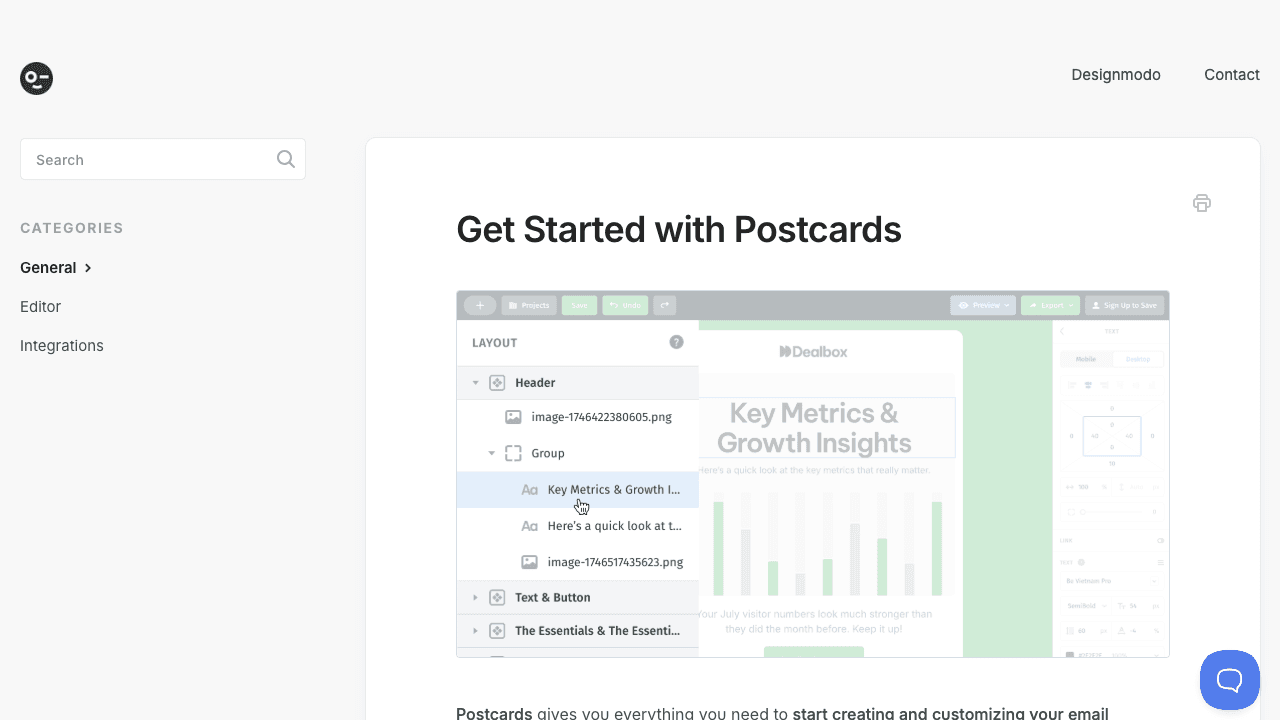 Designmodo Postcards help page shown in a browser.