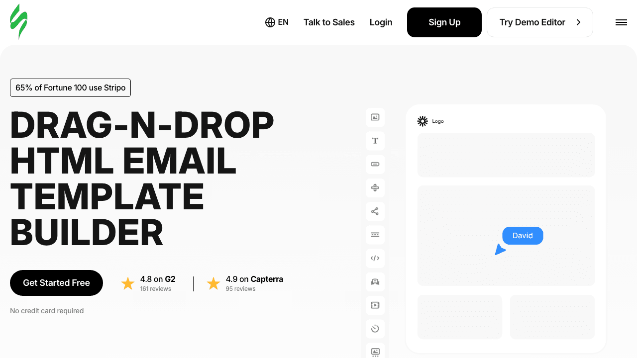 Stripo public email builder page shown in a browser.