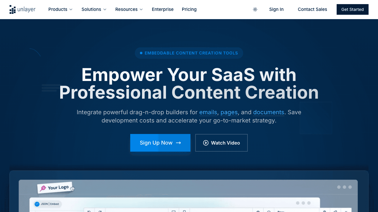Unlayer public email builder page shown in a browser.