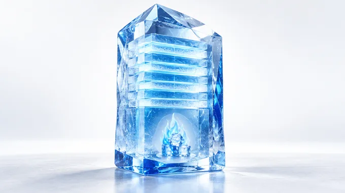 A glass crystal holding stacked folder layers over a blue flame, representing structured context under active processing.