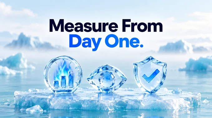 Three ice figures on floating ice - a chart with a blue flame, an eye and a shield with a tick - under the title Measure From Day One.