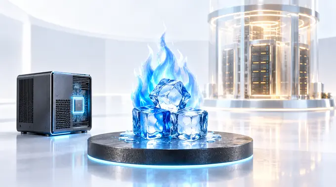 A compact local workstation and a glass cloud server chamber on either side of ice cubes under a blue flame.