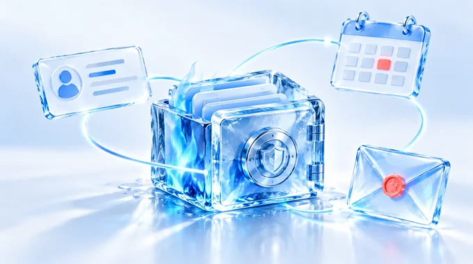 An ice-glass vault of files at the centre, linked to a contact card, a calendar and a sealed envelope.