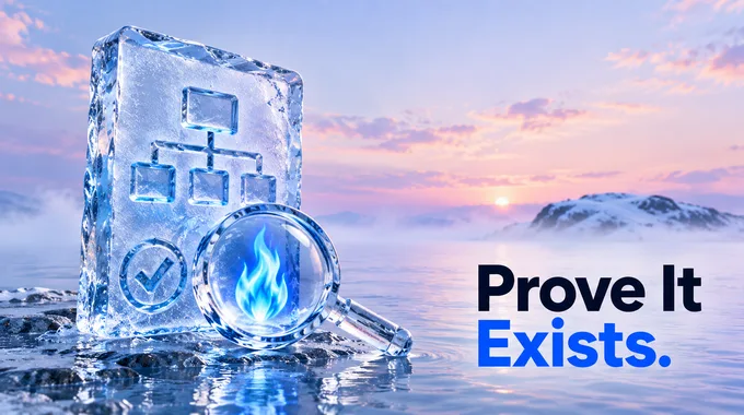 An ice tablet showing a site structure, with a magnifying glass holding a blue flame, beside the title Prove It Exists.