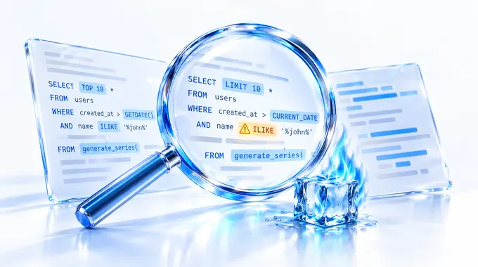 A glass magnifying lens inspecting SQL syntax changes, with one unsupported fragment highlighted beside the n-g.be ice symbol.