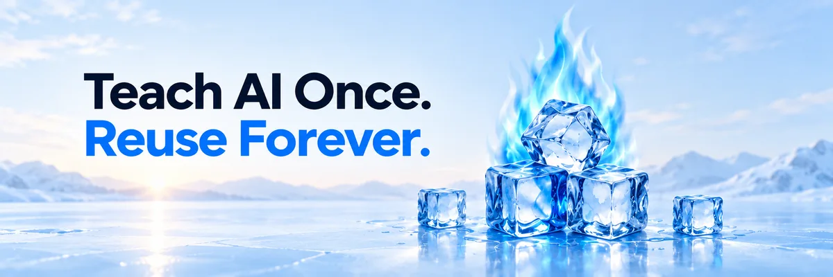 Branded ice cubes with a blue flame on a frozen lake, beside the title Teach AI Once. Reuse Forever.