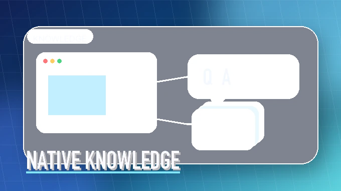 Stylized knowledge interface banner with site cards, a chat bubble, and stacked documents.