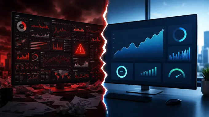 A bright executive dashboard breaking apart into clutter on one side while a clean decision-focused dashboard stays sharp on the other.
