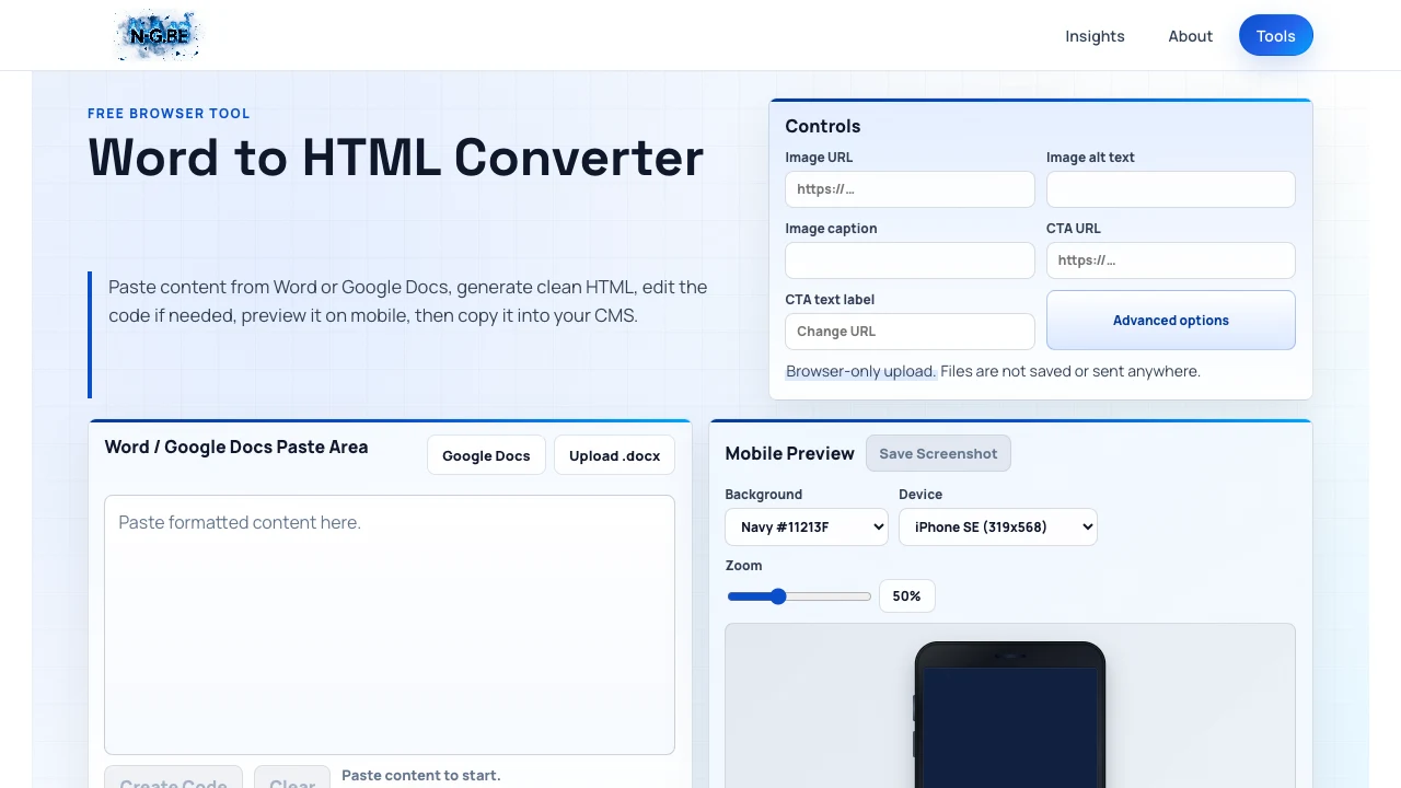Word to HTML Converter interface shown in a browser.