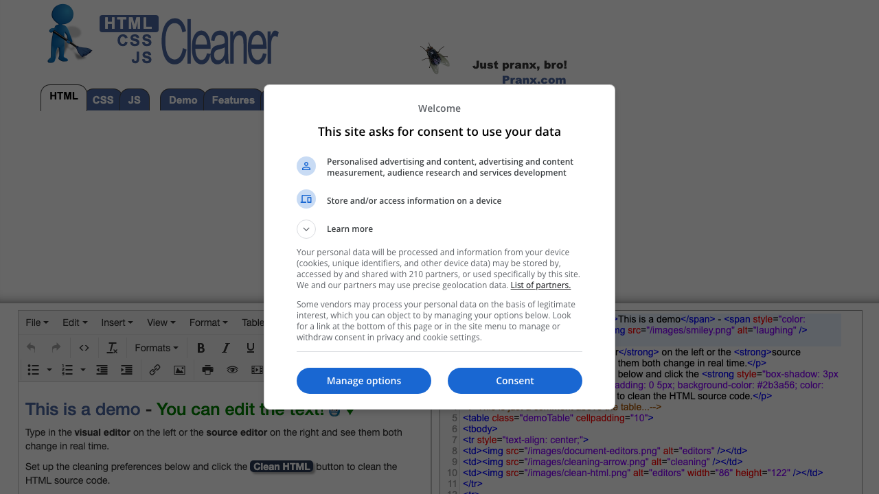 HTML Cleaner public converter page shown in a browser.