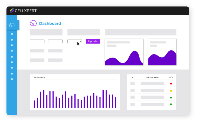 Cellxpert tracking and reporting product visual showing affiliate performance analytics.