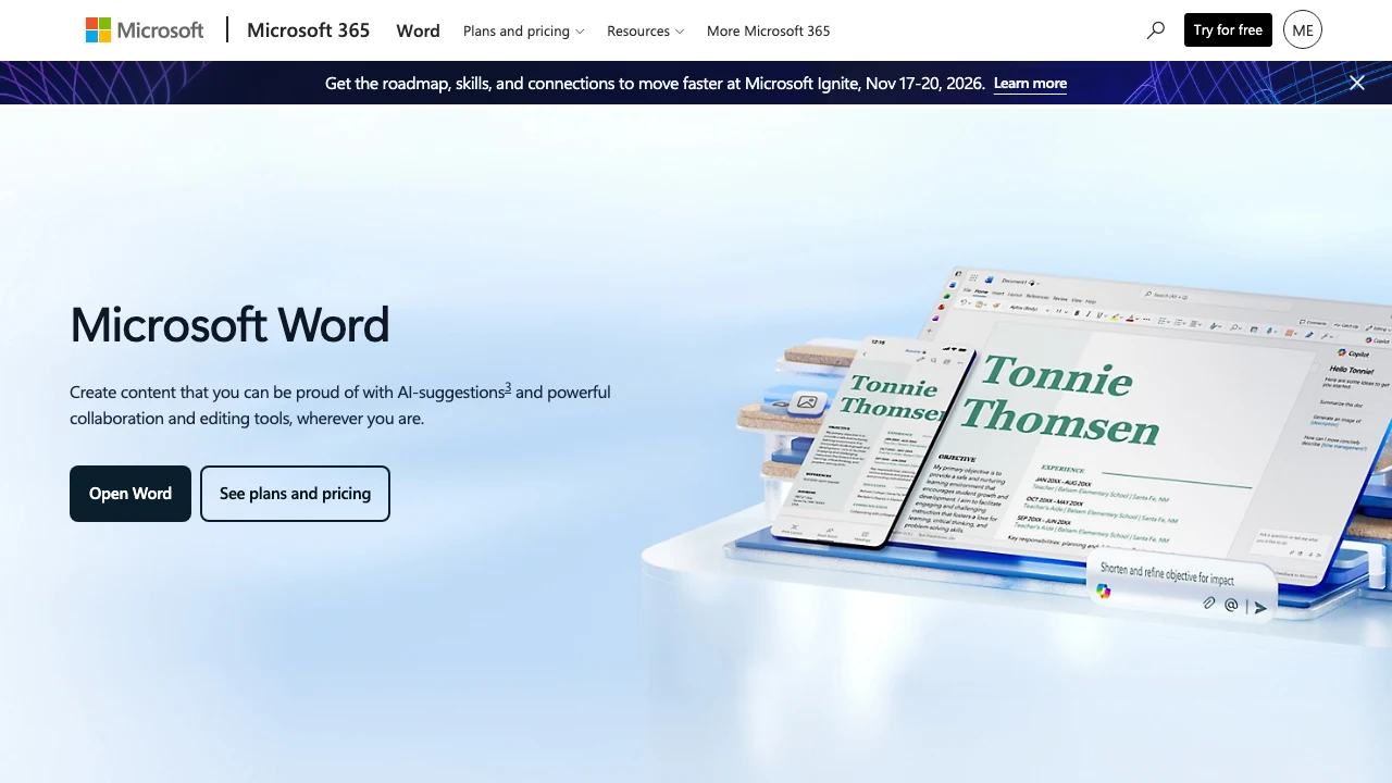 The public Microsoft Word product page.