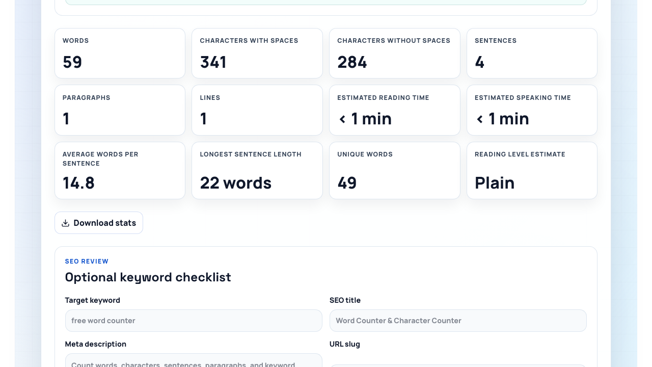The N-G.BE word counter showing twelve populated metric tiles above the SEO review panel.