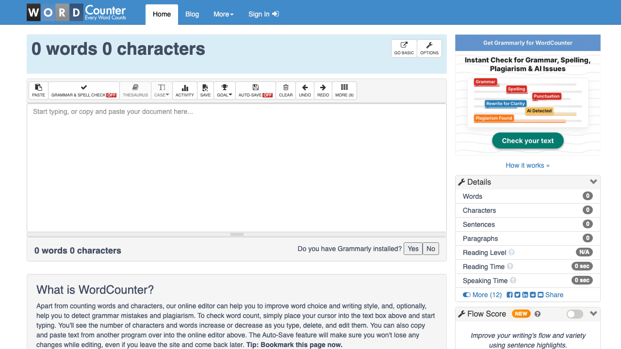 The WordCounter.net editor with its toolbar, details panel, and sidebar promotions.