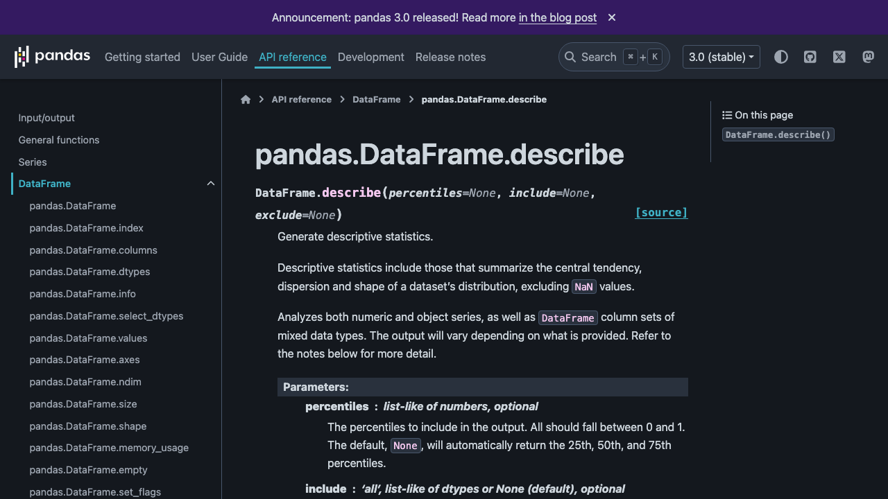 The pandas documentation page for DataFrame.describe, showing its parameters.