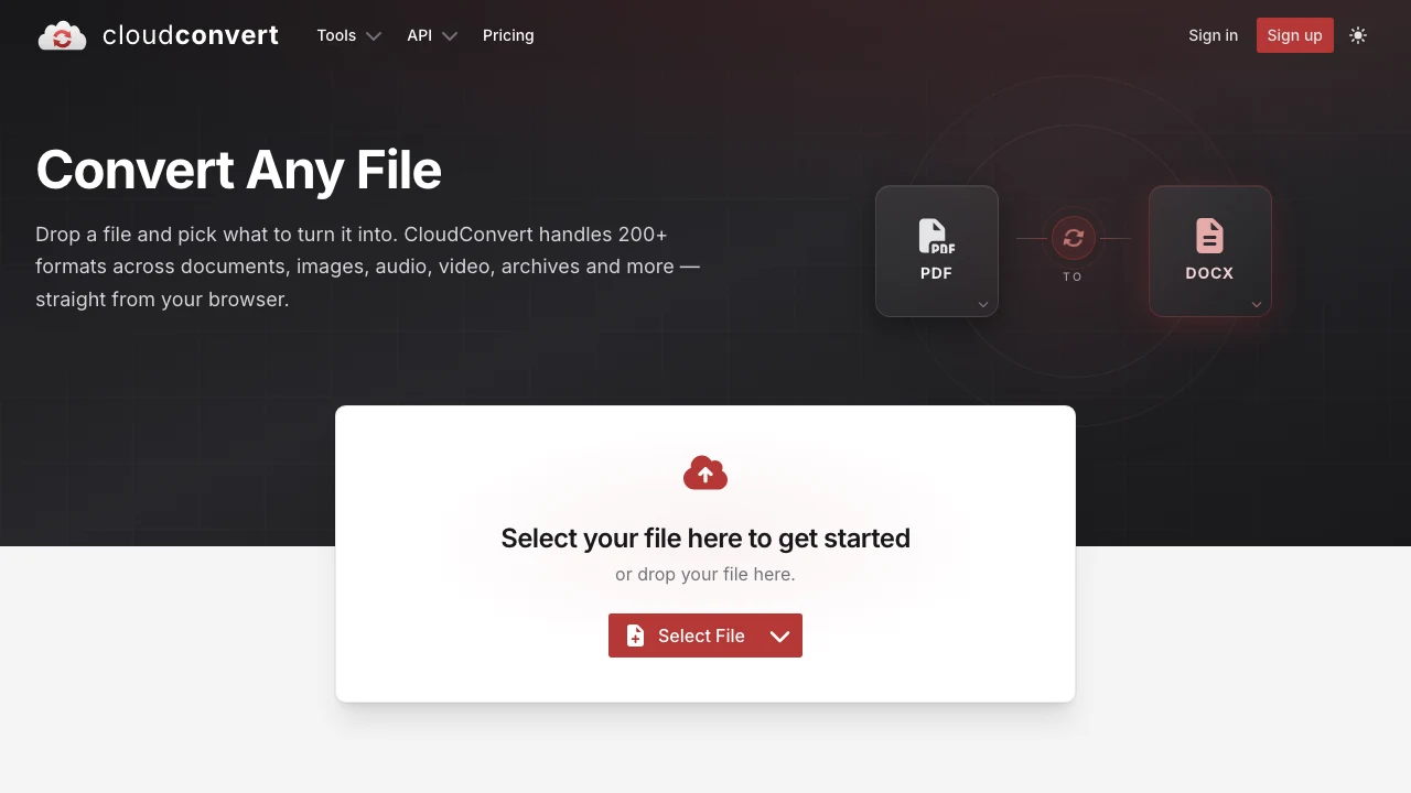 CloudConvert public file converter page shown in a browser.