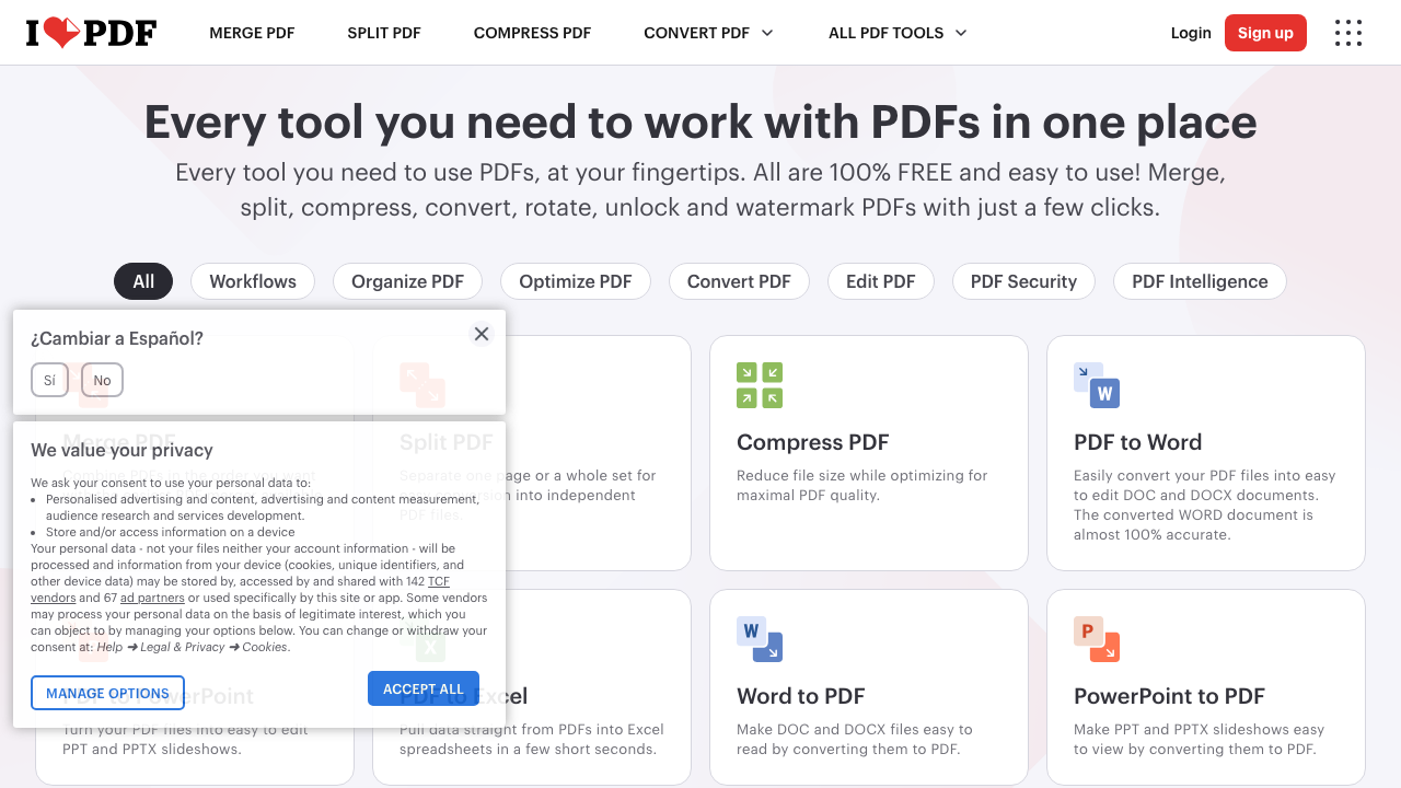iLovePDF public PDF tools page shown in a browser.