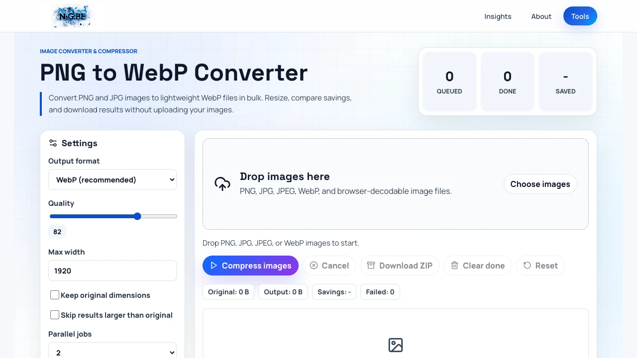 PNG to WebP Converter interface shown in a browser.