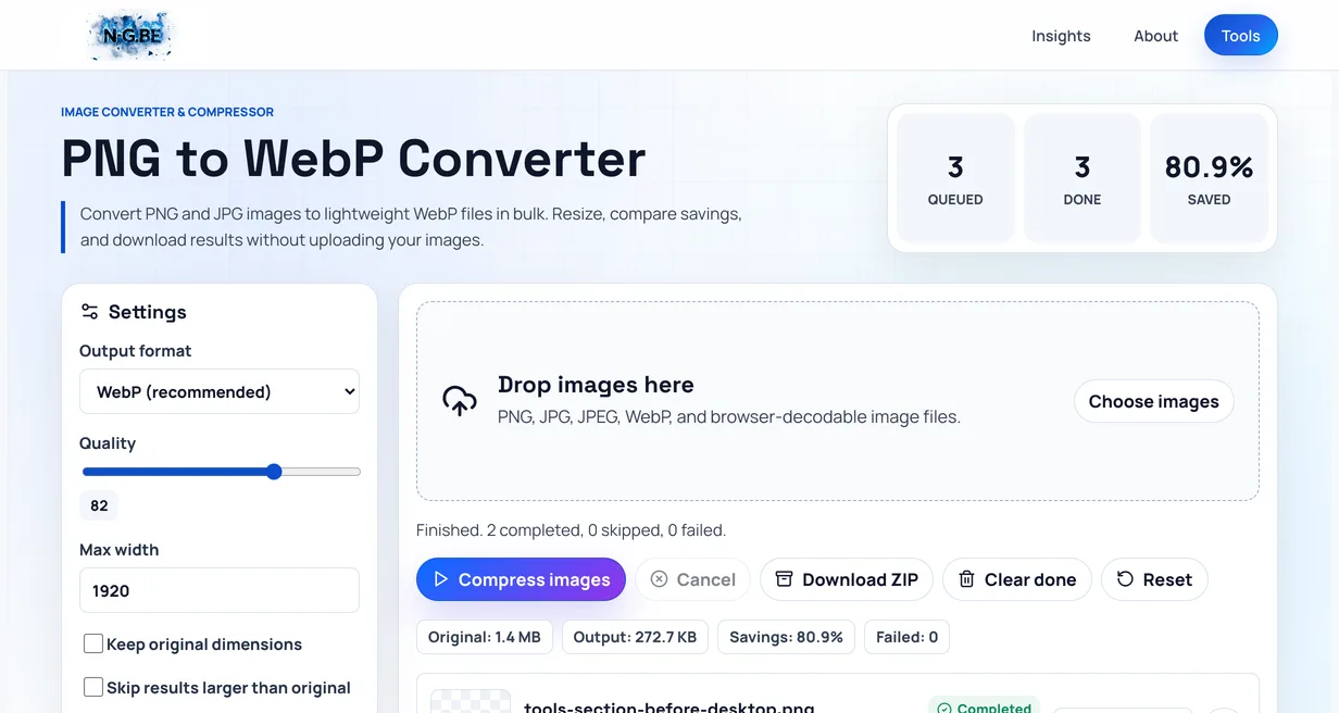 PNG to WebP converter after compressing three images, 80.9% saved